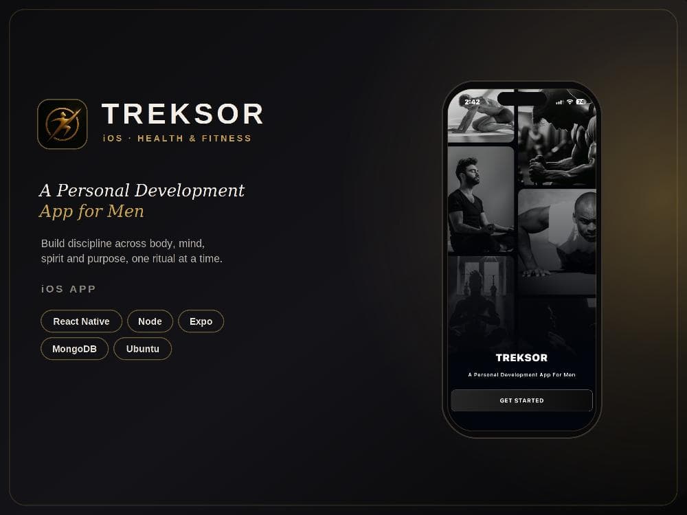 Treksor promo card: the app's name and stack beside a phone showing its home screen